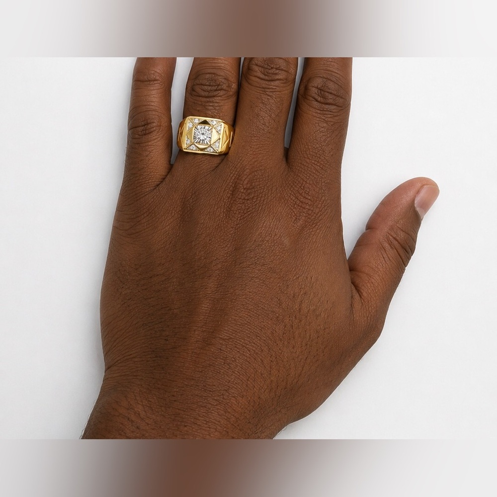Men's Gold over 925 Sterling Silver Signet Ring with Center Stone CZ Size 9.5 - Picture 4 of 17